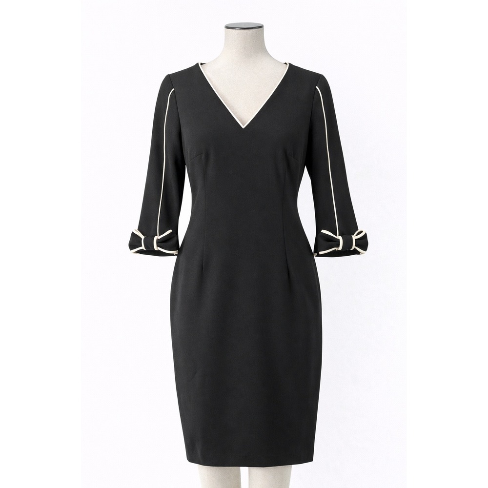 Calvin Klein Sheath Dress Womens 4 Black Ivory Piping Bow Cuff V-Neck Workwear - Picture 1 of 5